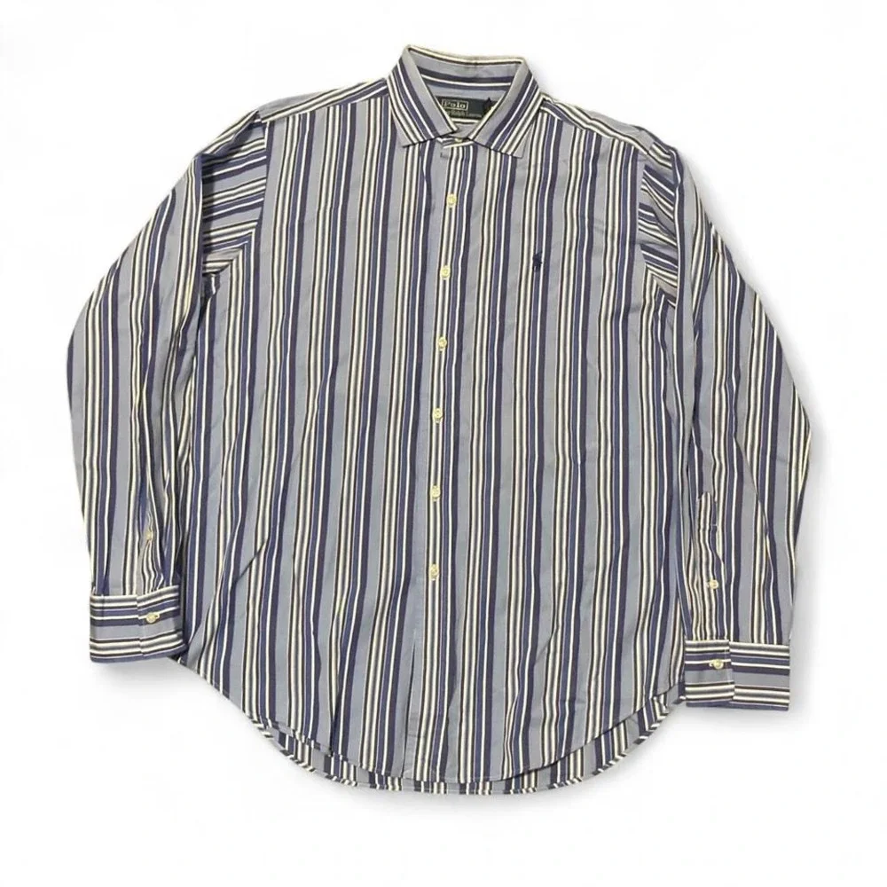 Polo Ralph Lauren blue vertical stripe button up shirt vtg cotton preppy L/24.5‎